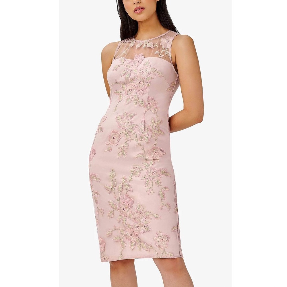 Adrianna Papell: Floral Embroidery Midi Dress IN Pink and Gold - Picture 2 of 7
